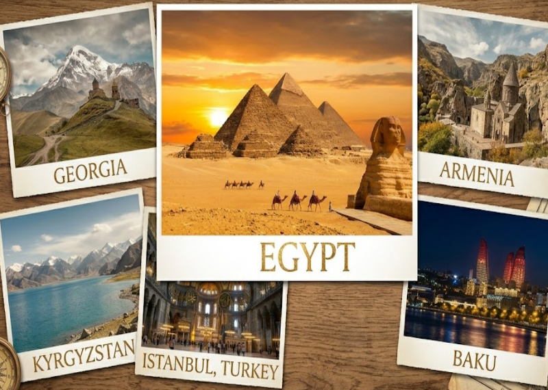 Travel collage featuring 6 popular holiday destinations from Dubai for UAE residents in 2026: Armenia, Baku, Istanbul, Georgia, Egypt, and Kyrgyzstan, showcasing iconic landmarks, mountains, historic architecture, beaches, and scenic city views.